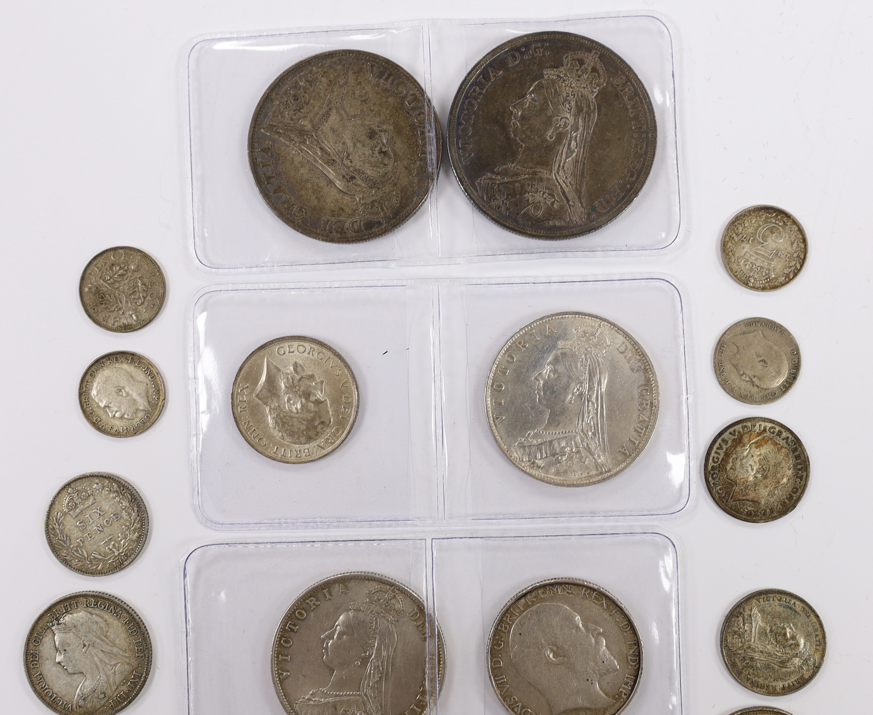 British Mixed silver coins including 1915 shilling GEF, Victoria crown 1887 and double florin etc.